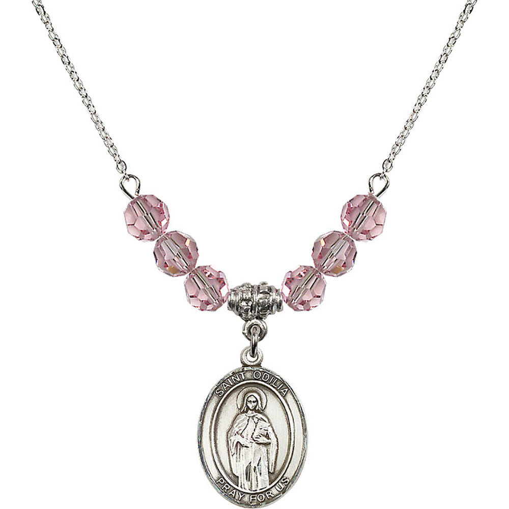 Sterling Silver Saint Odilia Birthstone Necklace with Light Rose Beads - 8319
