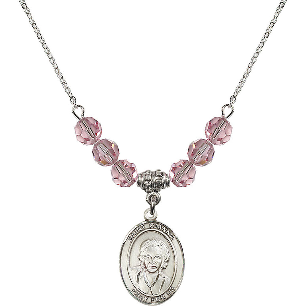 Sterling Silver Saint Gianna Beretta Molla Birthstone Necklace with Light Rose Beads - 8322