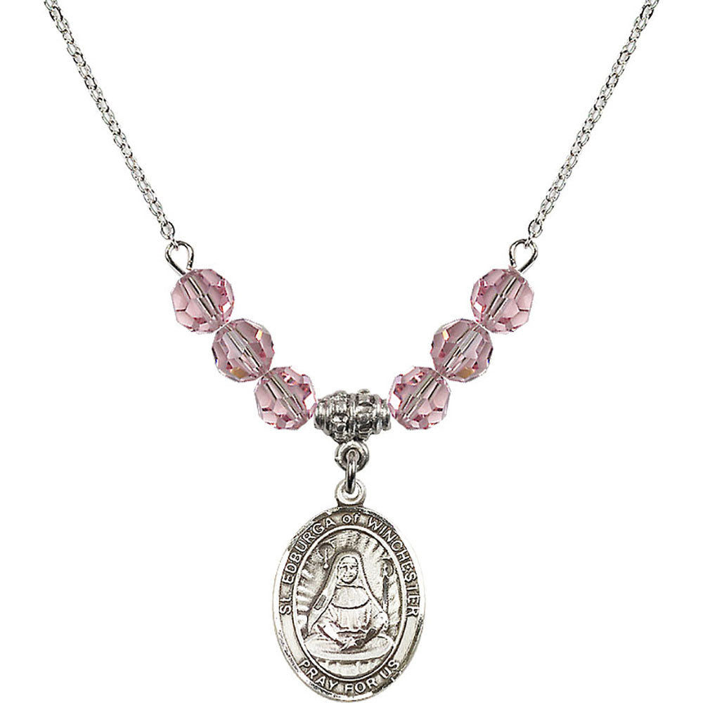 Sterling Silver Saint Edburga of Winchester Birthstone Necklace with Light Rose Beads - 8324