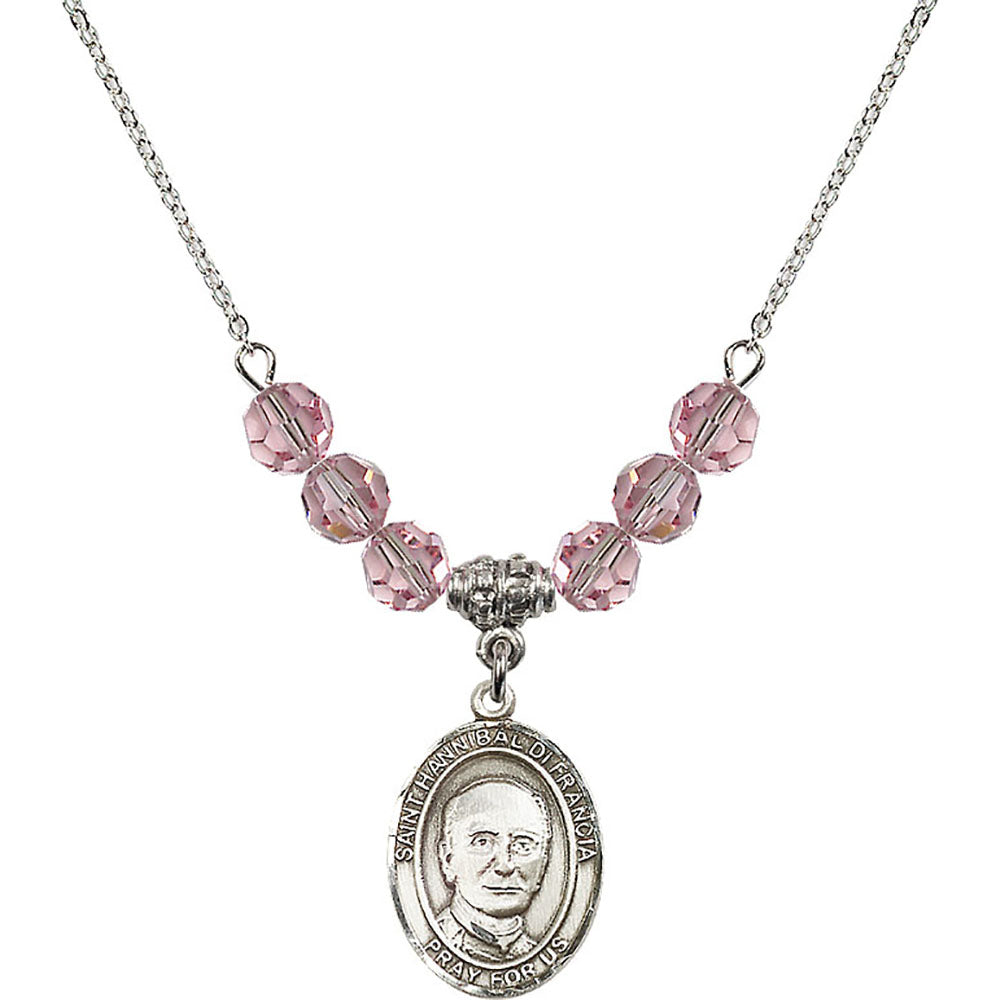 Sterling Silver Saint Hannibal Birthstone Necklace with Light Rose Beads - 8327