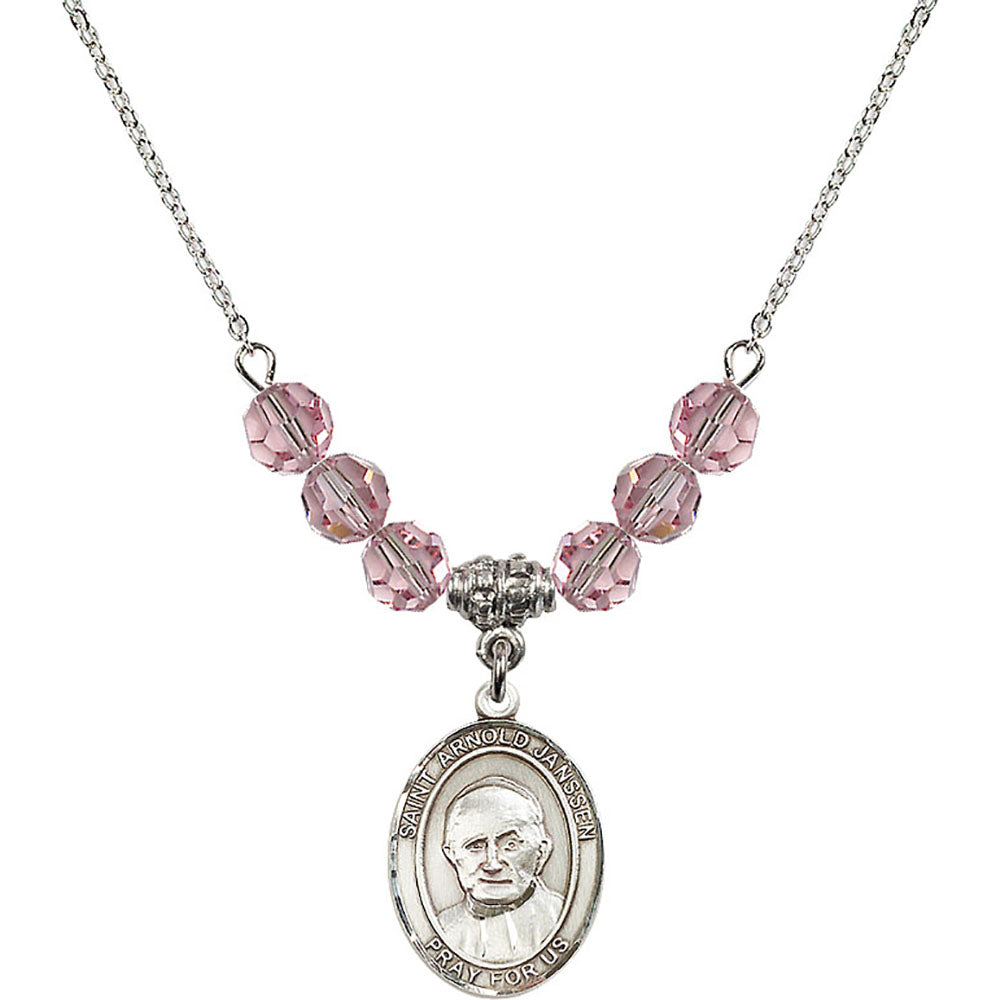 Sterling Silver Saint Arnold Janssen Birthstone Necklace with Light Rose Beads - 8328