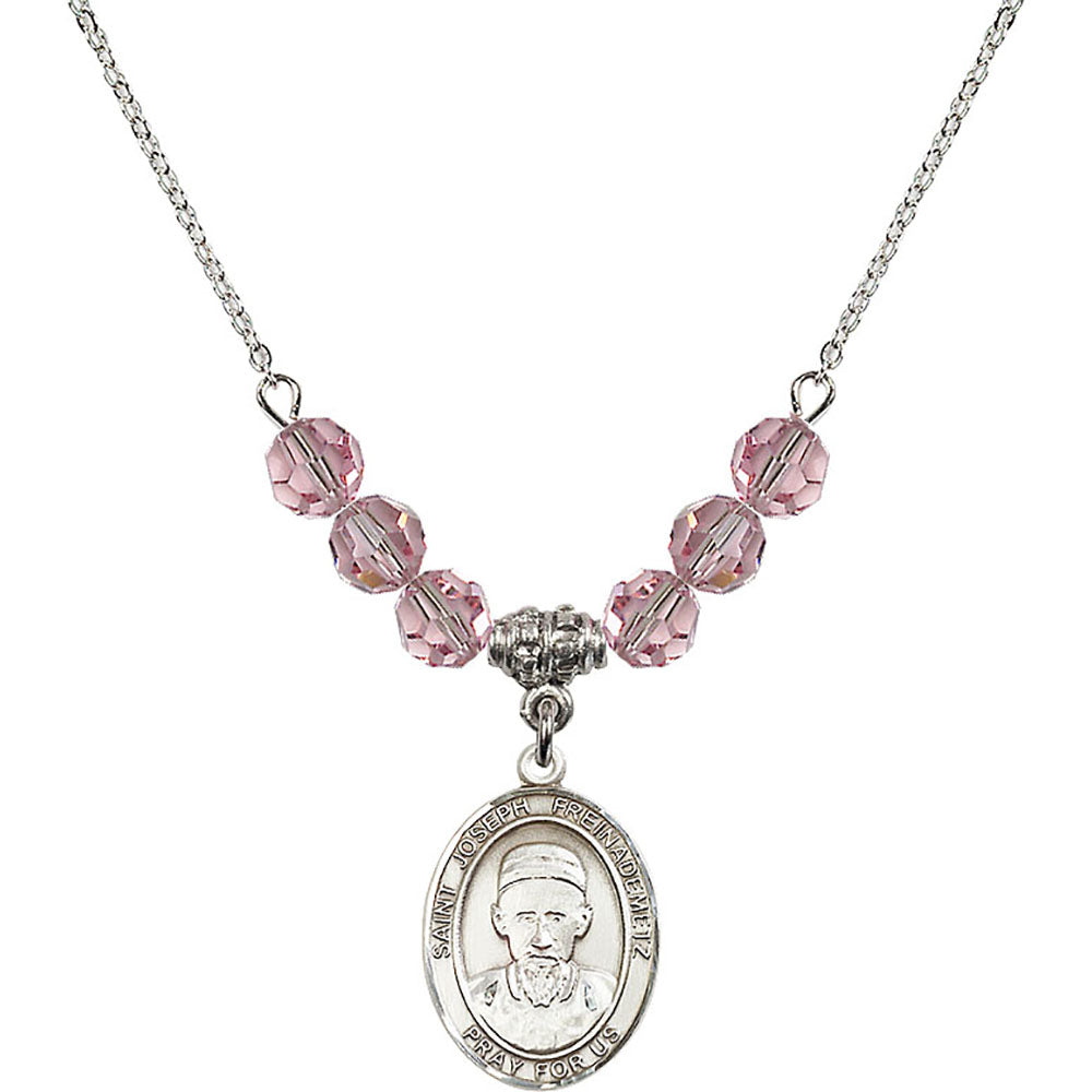 Sterling Silver Saint Joseph Freinademetz Birthstone Necklace with Light Rose Beads - 8329