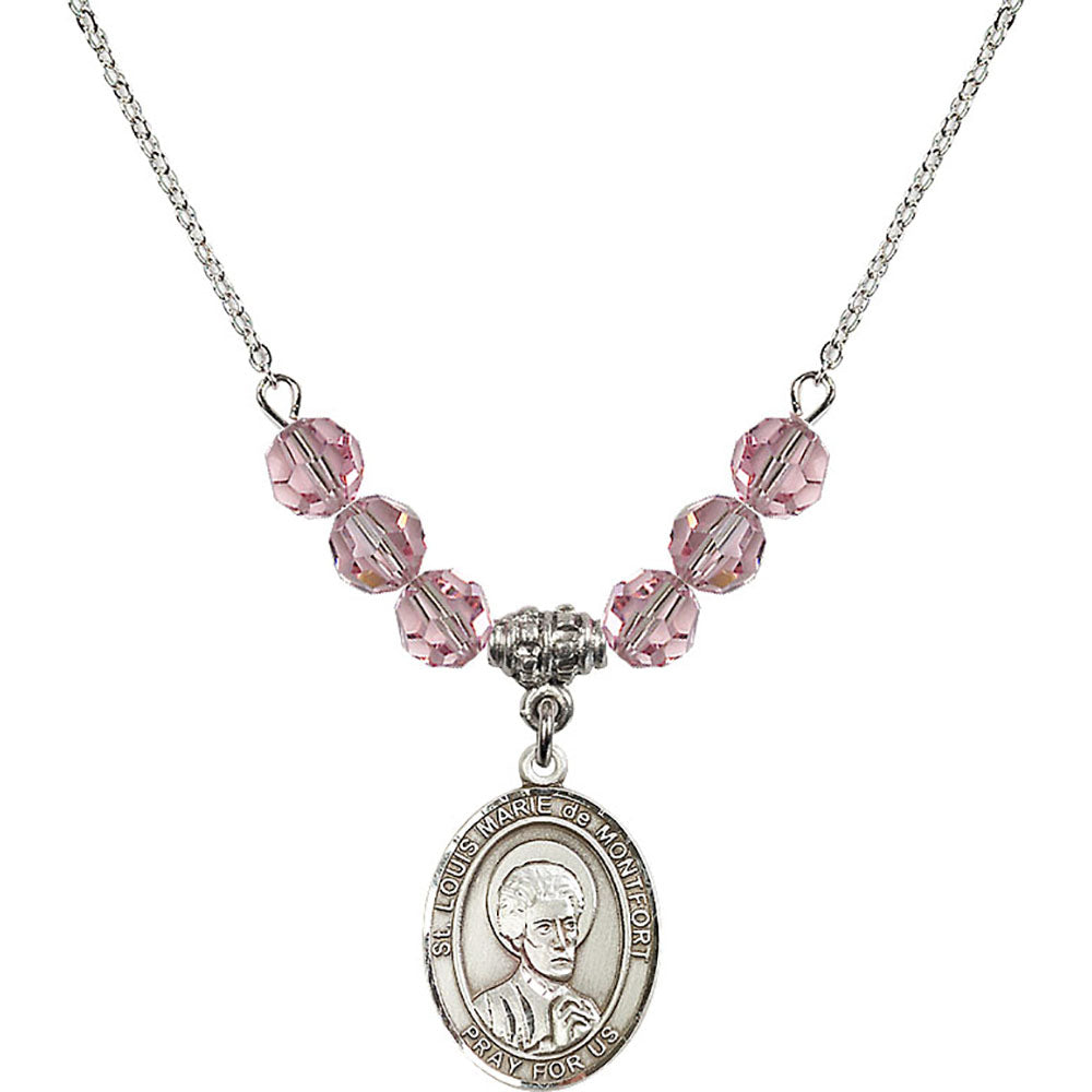Sterling Silver Saint Louis Marie de Montfort Birthstone Necklace with Light Rose Beads - 8330