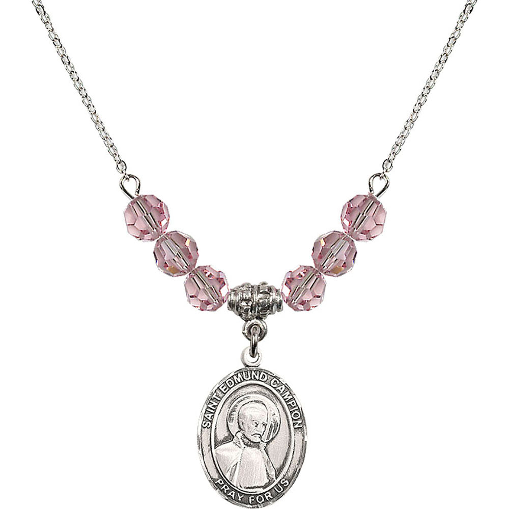 Sterling Silver Saint Edmund Campion Birthstone Necklace with Light Rose Beads - 8333