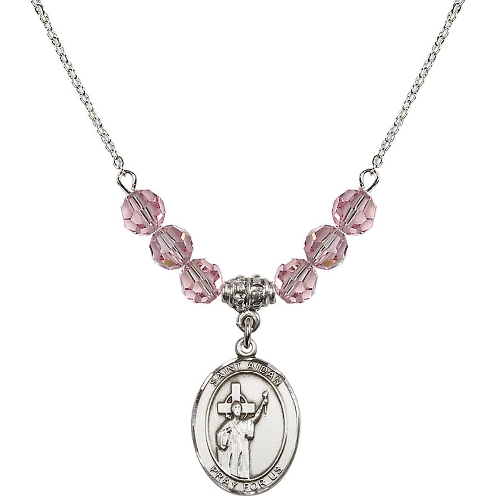 Sterling Silver Saint Aidan of Lindesfarne Birthstone Necklace with Light Rose Beads - 8381