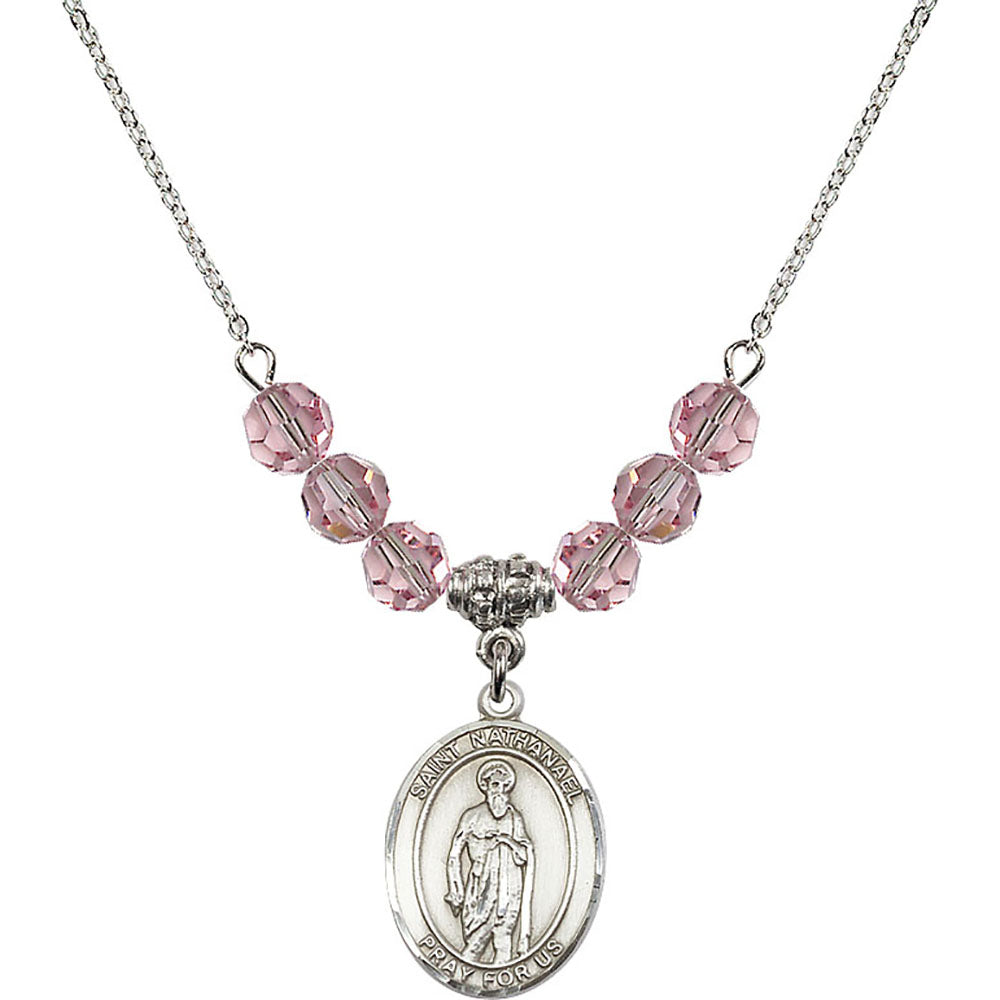 Sterling Silver Saint Nathanael Birthstone Necklace with Light Rose Beads - 8398
