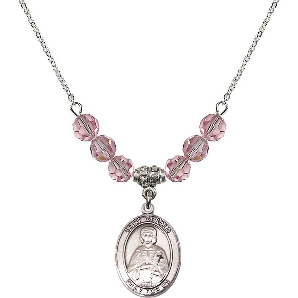 Sterling Silver Saint Gerald Birthstone Necklace with Light Rose Beads - 8404