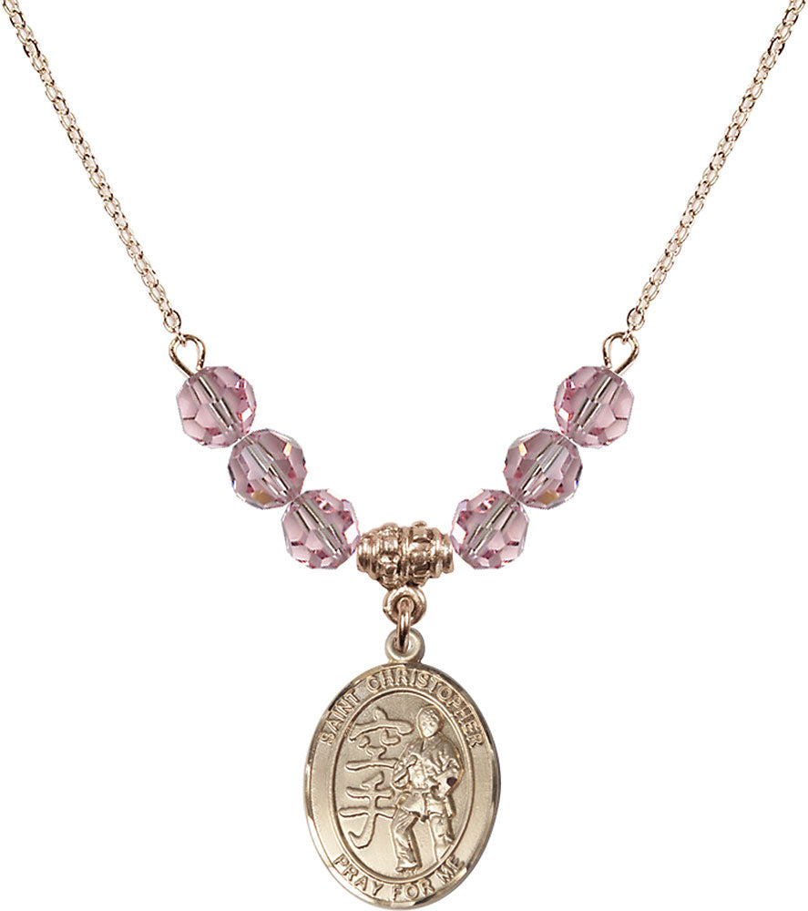 14kt Gold Filled Saint Christopher / Karate Birthstone Necklace with Light Rose Beads - 8515