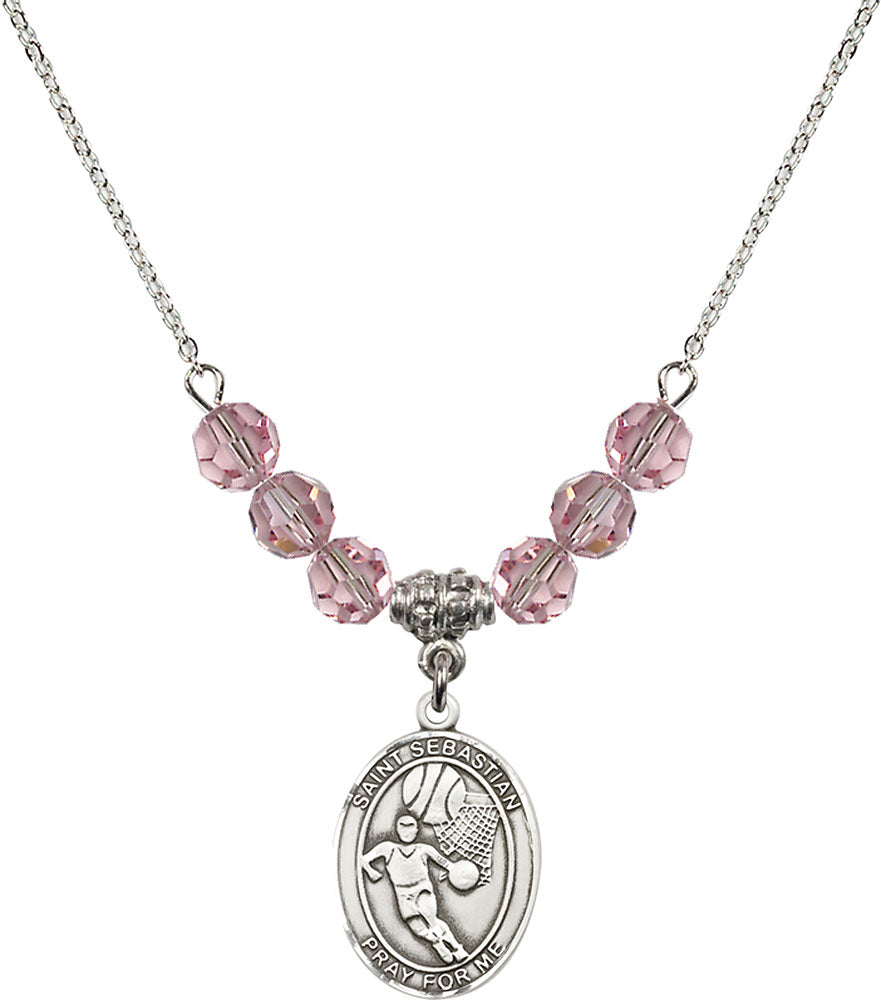Sterling Silver Saint Sebastian/Basketball Birthstone Necklace with Light Rose Beads - 8602