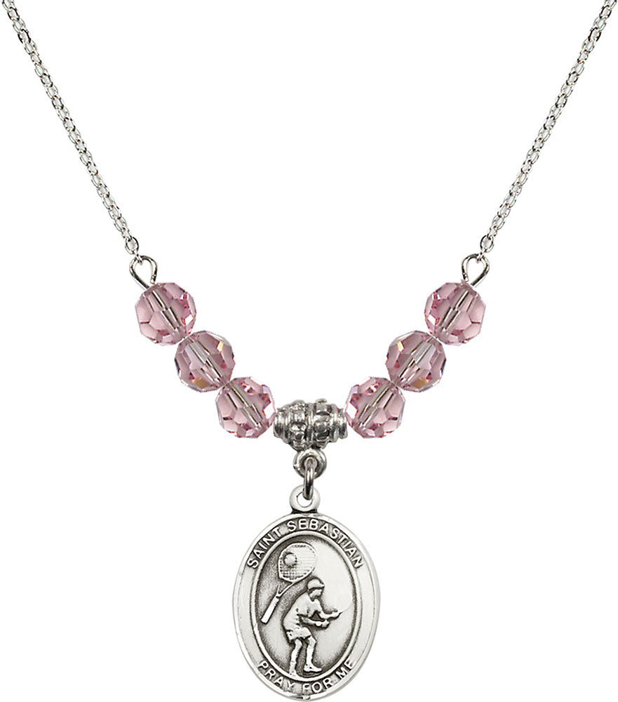 Sterling Silver Saint Sebastian / Tennis Birthstone Necklace with Light Rose Beads - 8605