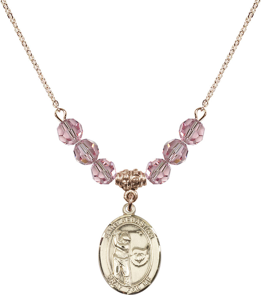 14kt Gold Filled Saint Sebastian / Golf Birthstone Necklace with Light Rose Beads - 8606