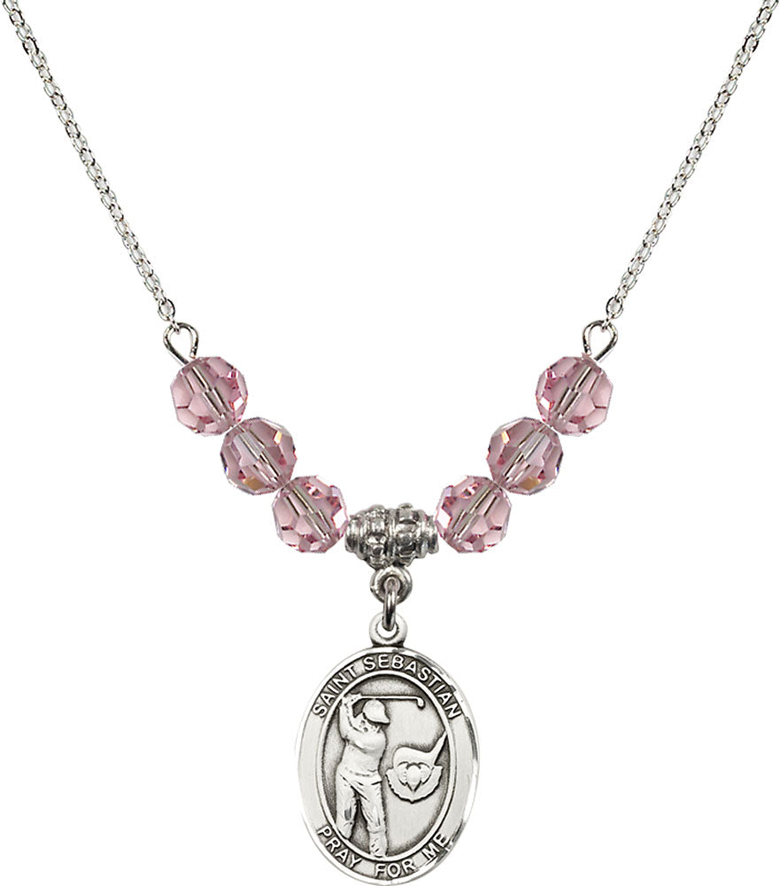 Sterling Silver Saint Sebastian / Golf Birthstone Necklace with Light Rose Beads - 8606