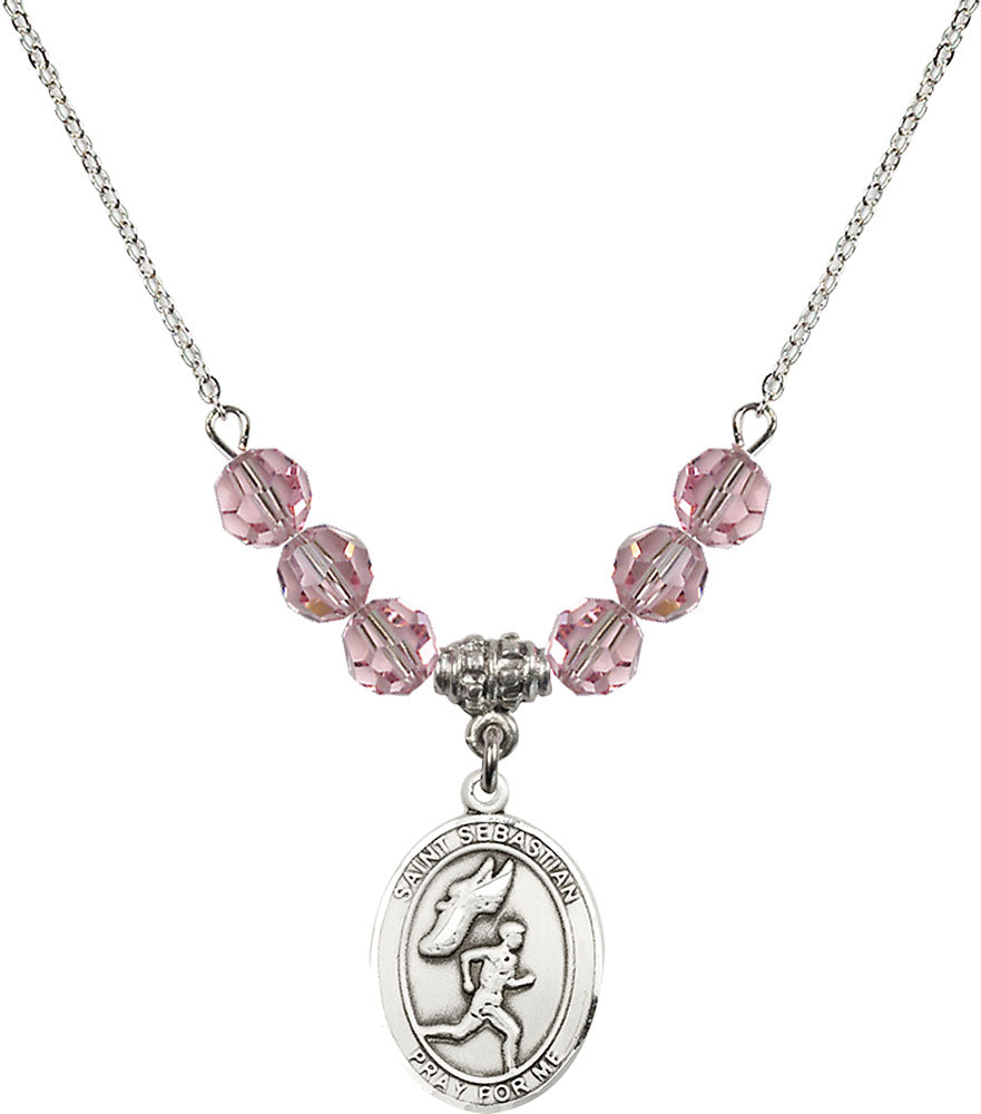 Sterling Silver Saint Sebastian /Track&Field-Men Birthstone Necklace with Light Rose Beads - 8609