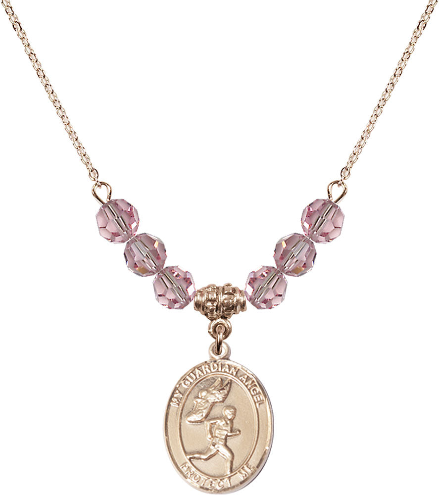 14kt Gold Filled Guardian Angel/Track&Field-Men Birthstone Necklace with Light Rose Beads - 8709
