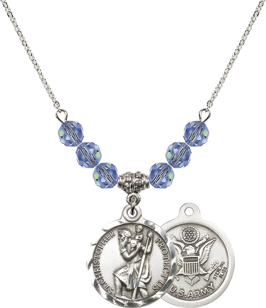 Sterling Silver Saint Christopher / Army Birthstone Necklace with Light Sapphire Beads - 0192