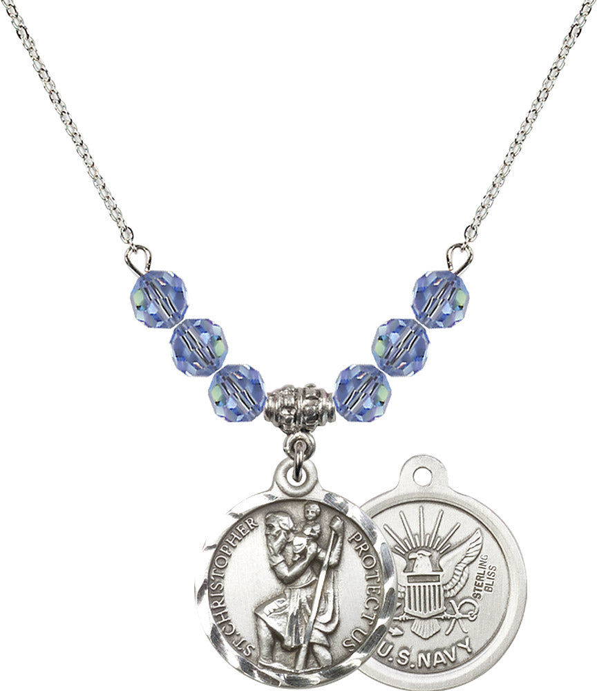 Sterling Silver Saint Christopher / Navy Birthstone Necklace with Light Sapphire Beads - 0192