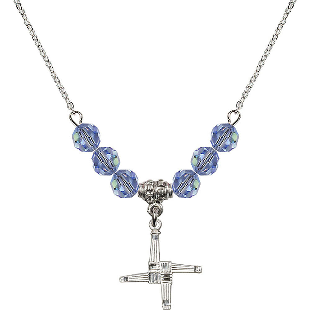 Sterling Silver Saint Brigid Cross Birthstone Necklace with Light Sapphire Beads - 0290