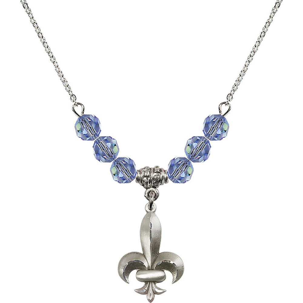 Sterling Silver Fleur de Lis Birthstone Necklace with Light Sapphire Beads - 0294