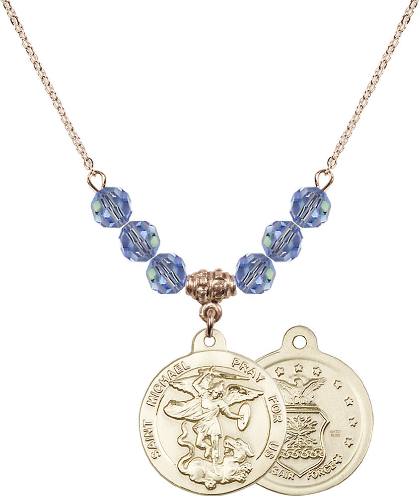 14kt Gold Filled Saint Michael / Air Force Birthstone Necklace with Light Sapphire Beads - 0342