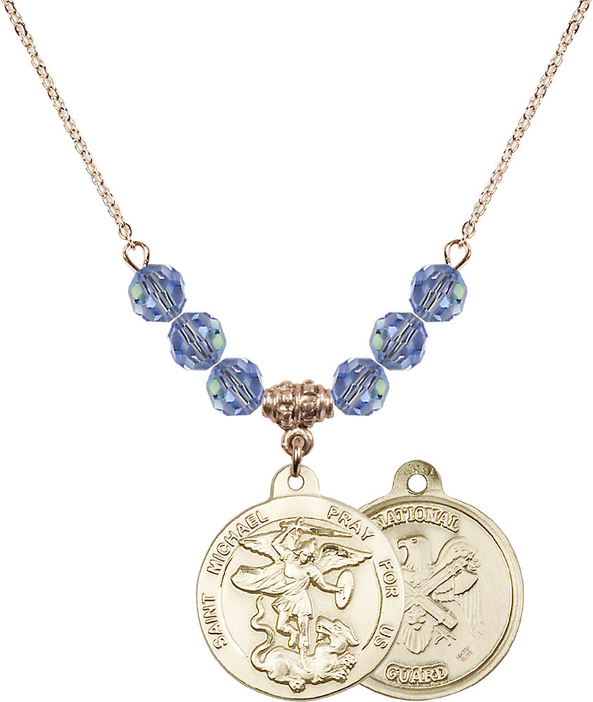 14kt Gold Filled Saint Michael / Nat'l Guard Birthstone Necklace with Light Sapphire Beads - 0342