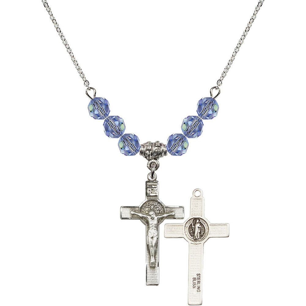 Sterling Silver Saint Benedict Crucifix Birthstone Necklace with Light Sapphire Beads - 0625