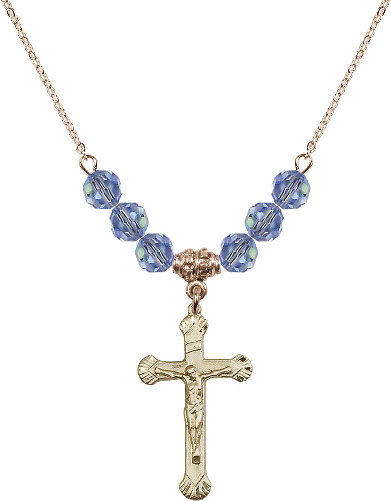 14kt Gold Filled Crucifix Birthstone Necklace with Light Sapphire Beads - 0664