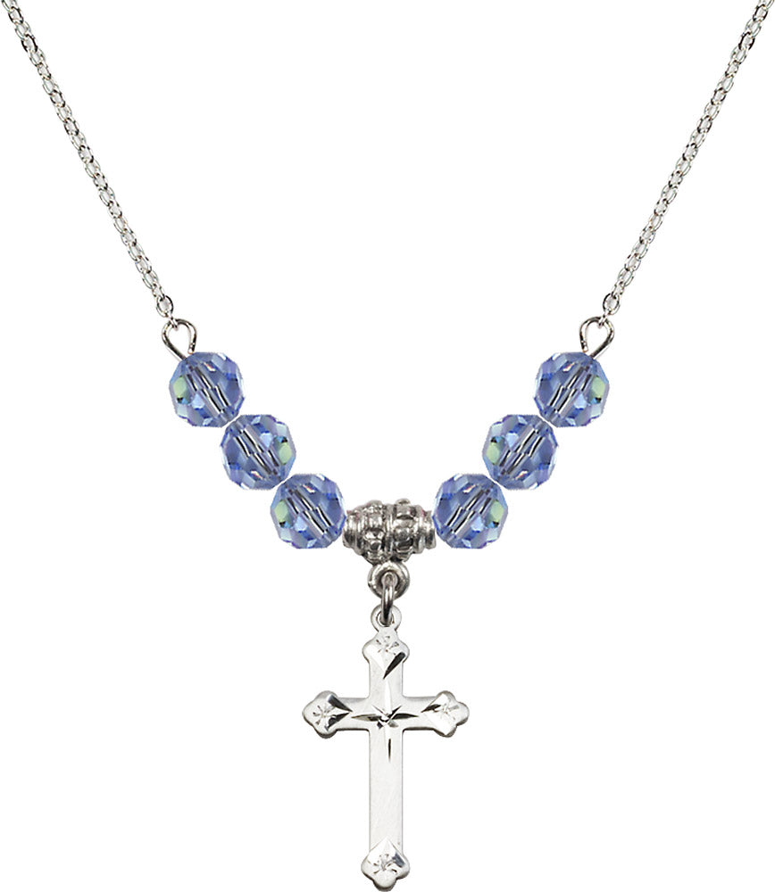 Sterling Silver Cross Birthstone Necklace with Light Sapphire Beads - 0667