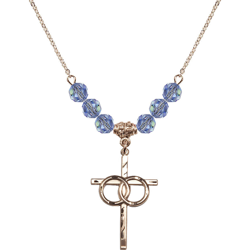 14kt Gold Filled Wedding Rings Cross Birthstone Necklace with Light Sapphire Beads - 0671