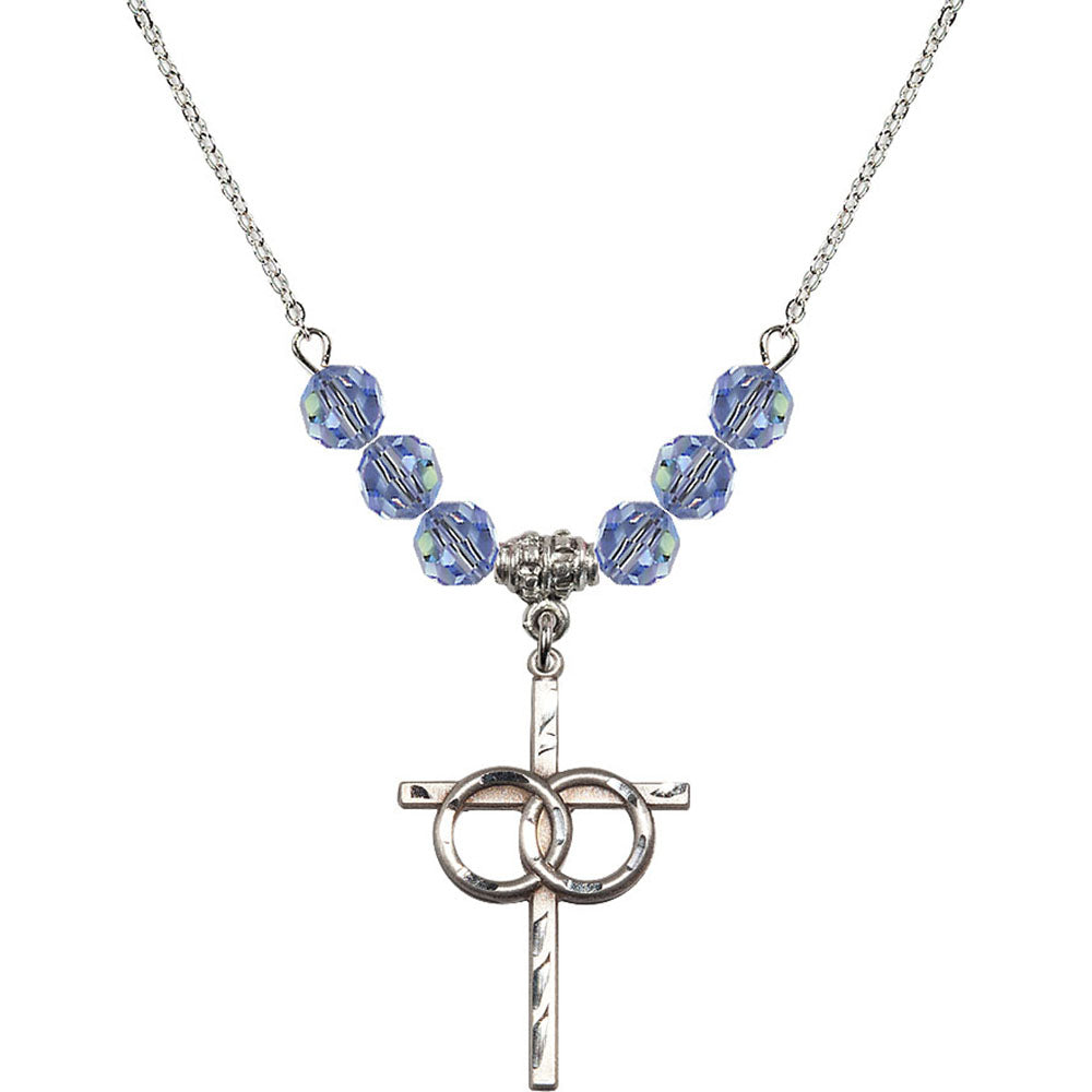 Sterling Silver Wedding Rings Cross Birthstone Necklace with Light Sapphire Beads - 0671
