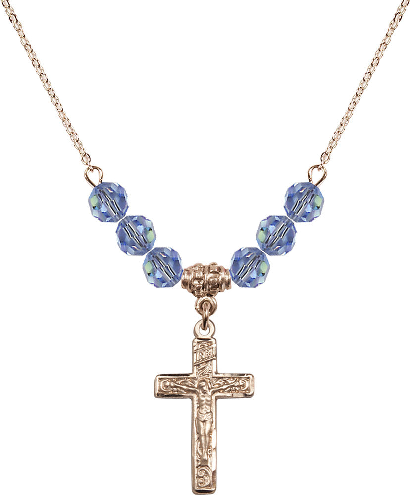14kt Gold Filled Crucifix Birthstone Necklace with Light Sapphire Beads - 0673