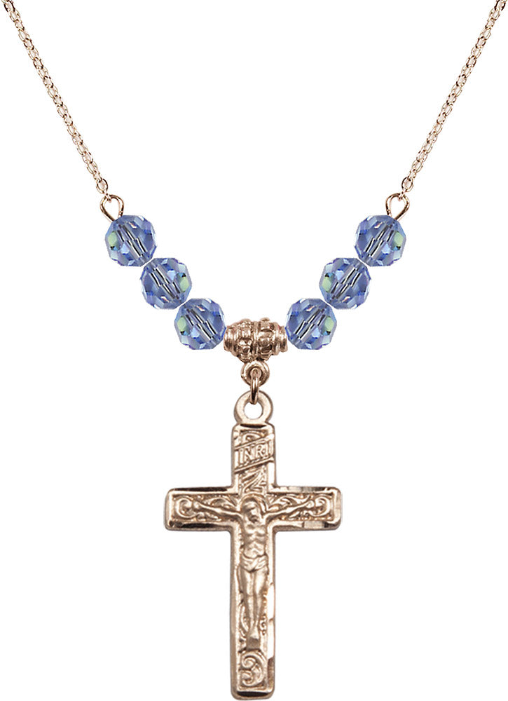 14kt Gold Filled Crucifix Birthstone Necklace with Light Sapphire Beads - 0674