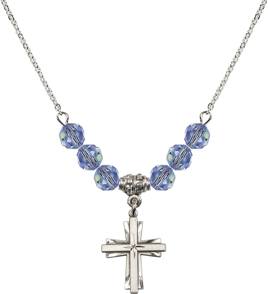 Sterling Silver Cross Birthstone Necklace with Light Sapphire Beads - 0675