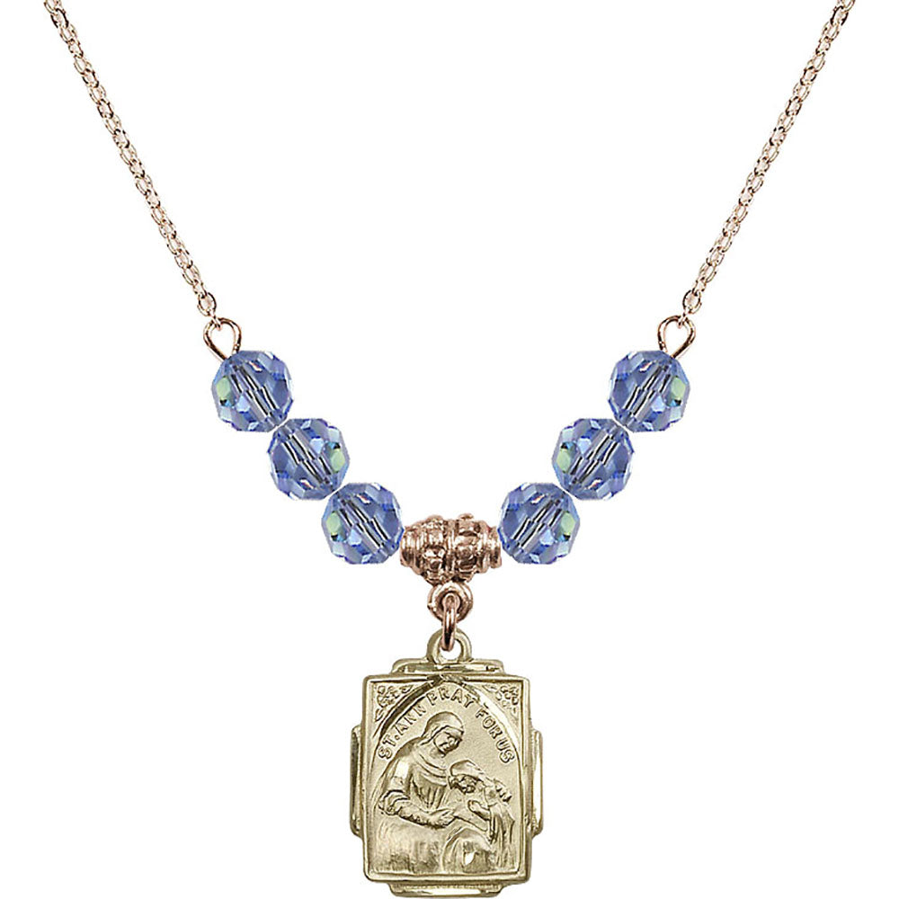 14kt Gold Filled Saint Ann Birthstone Necklace with Light Sapphire Beads - 0804