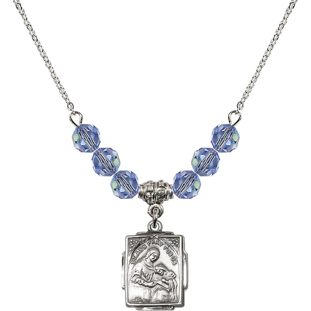 Sterling Silver Saint Ann Birthstone Necklace with Light Sapphire Beads - 0804