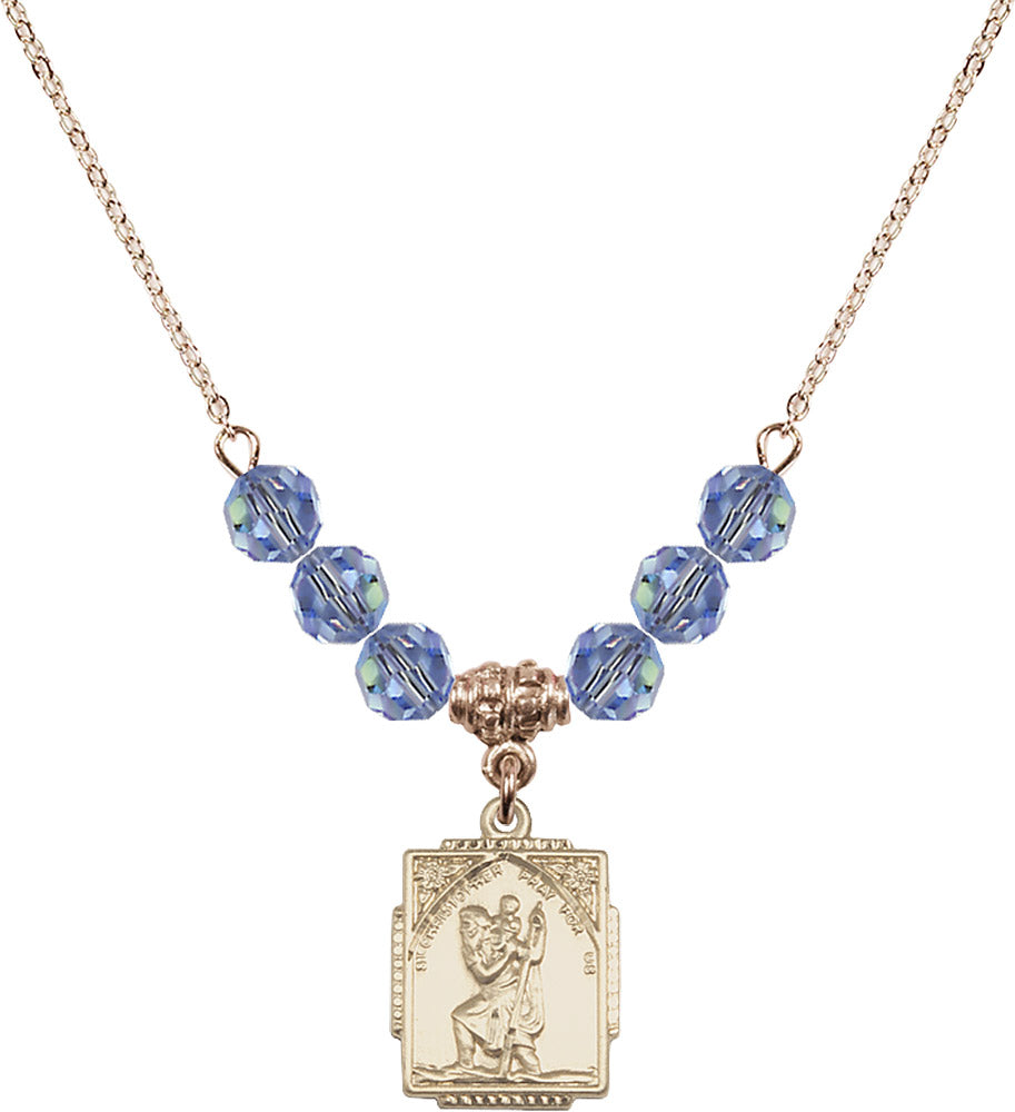 14kt Gold Filled Saint Christopher Birthstone Necklace with Light Sapphire Beads - 0804