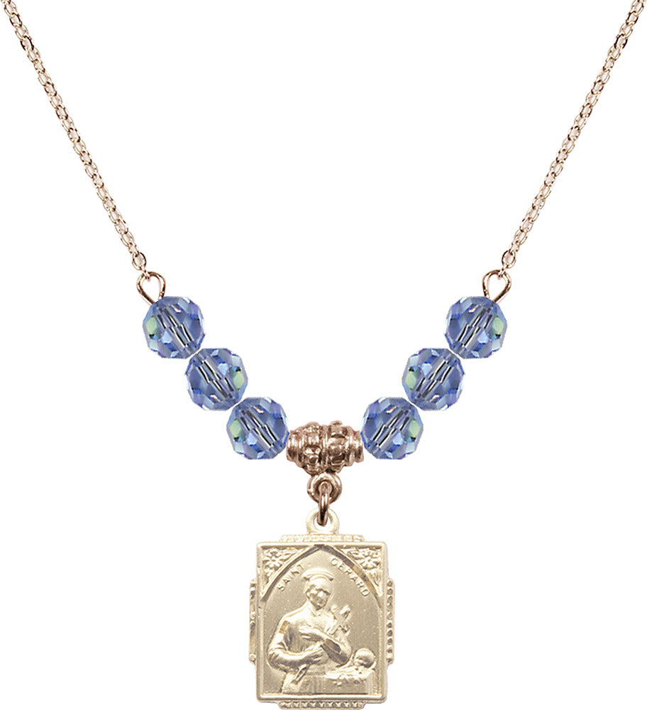 14kt Gold Filled Saint Gerard Birthstone Necklace with Light Sapphire Beads - 0804