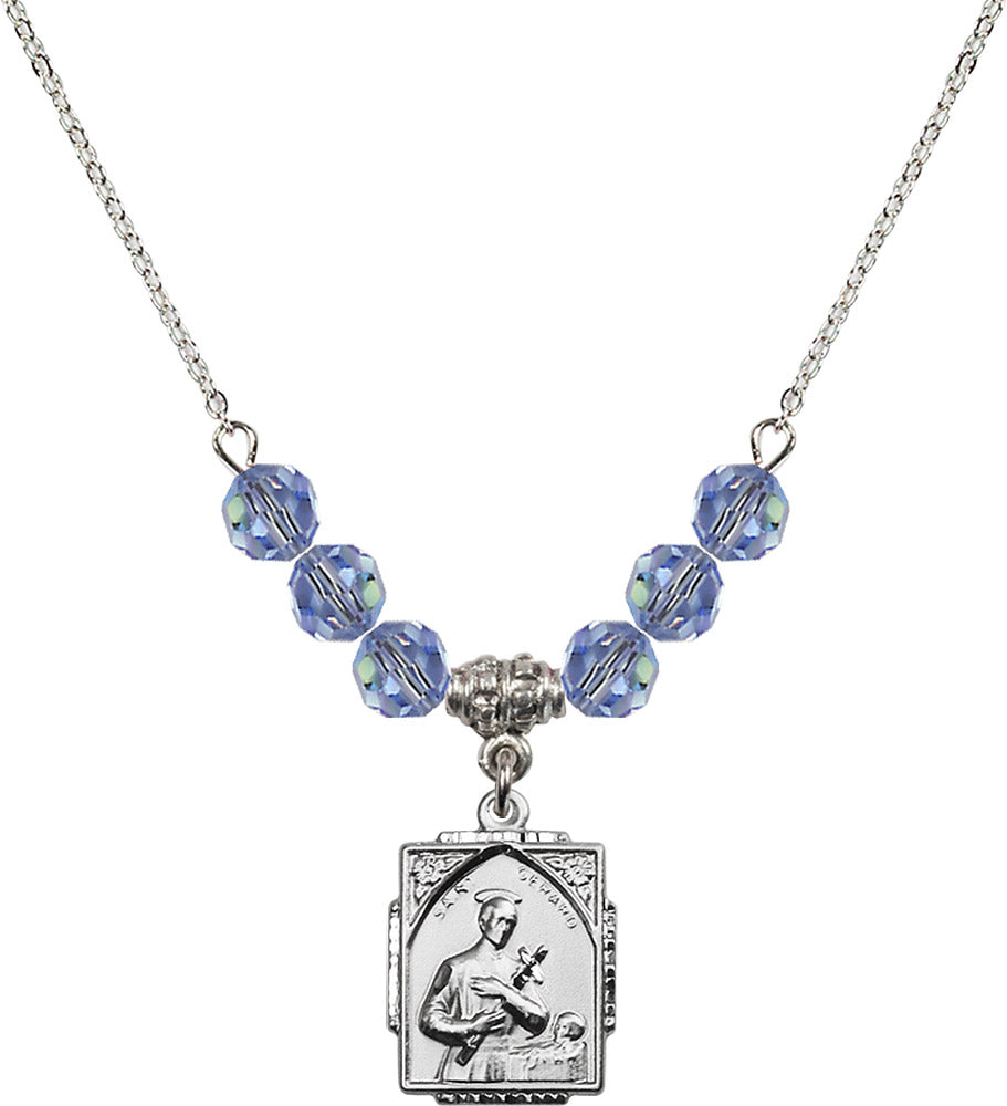 Sterling Silver Saint Gerard Birthstone Necklace with Light Sapphire Beads - 0804