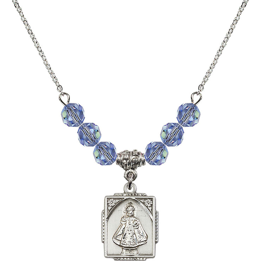 Sterling Silver Infant of Prague Birthstone Necklace with Light Sapphire Beads - 0804