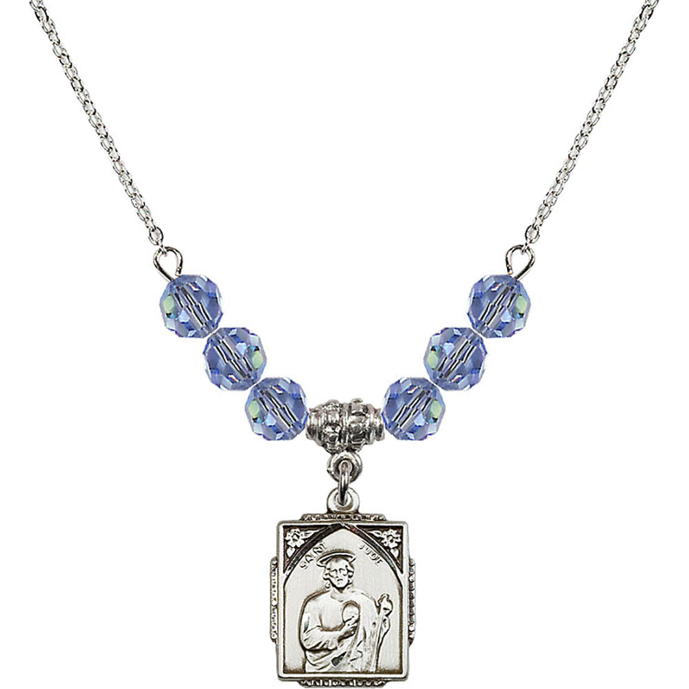 Sterling Silver Saint Jude Birthstone Necklace with Light Sapphire Beads - 0804