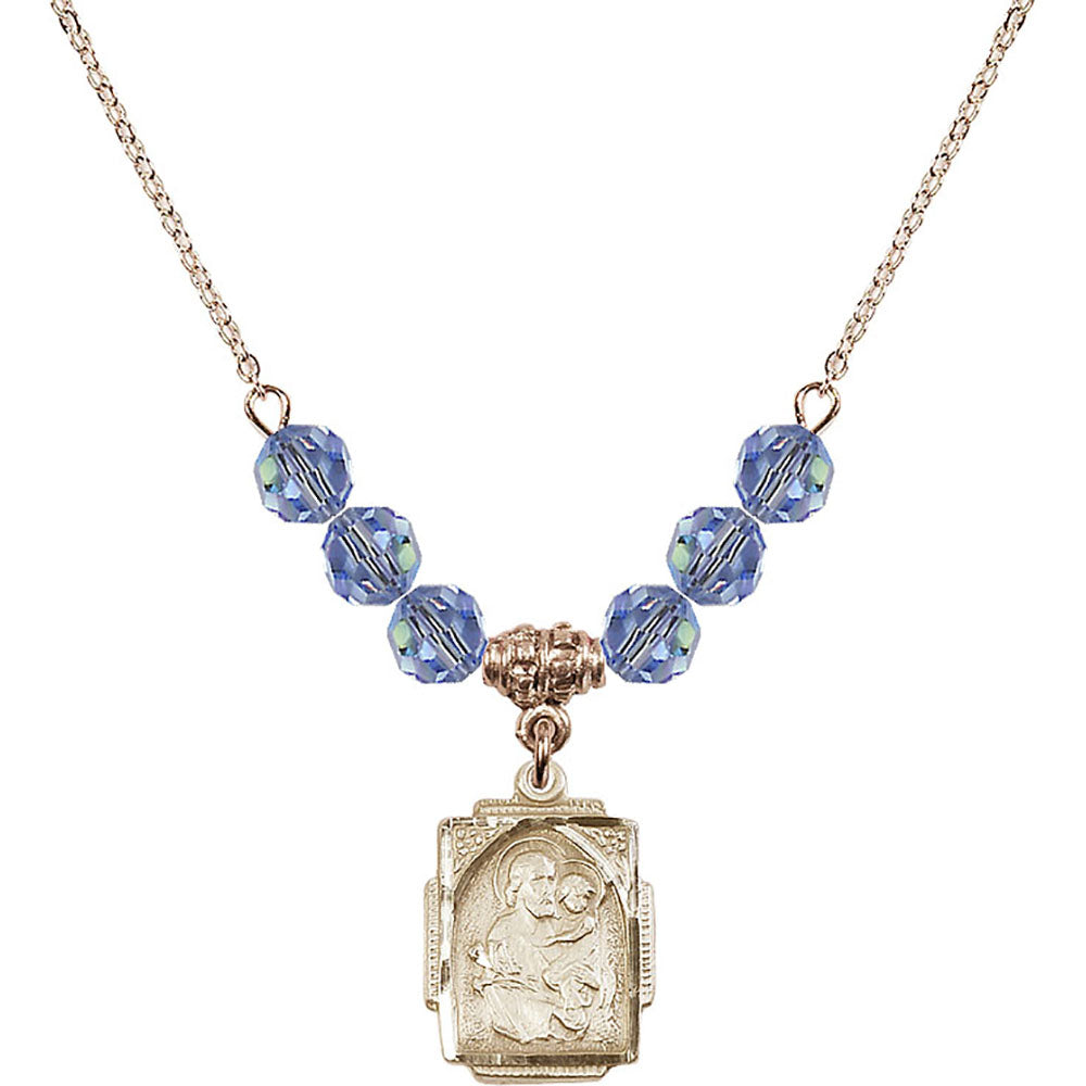 14kt Gold Filled Saint Joseph Birthstone Necklace with Light Sapphire Beads - 0804