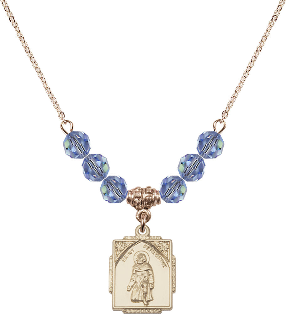 14kt Gold Filled Saint Peregrine Birthstone Necklace with Light Sapphire Beads - 0804