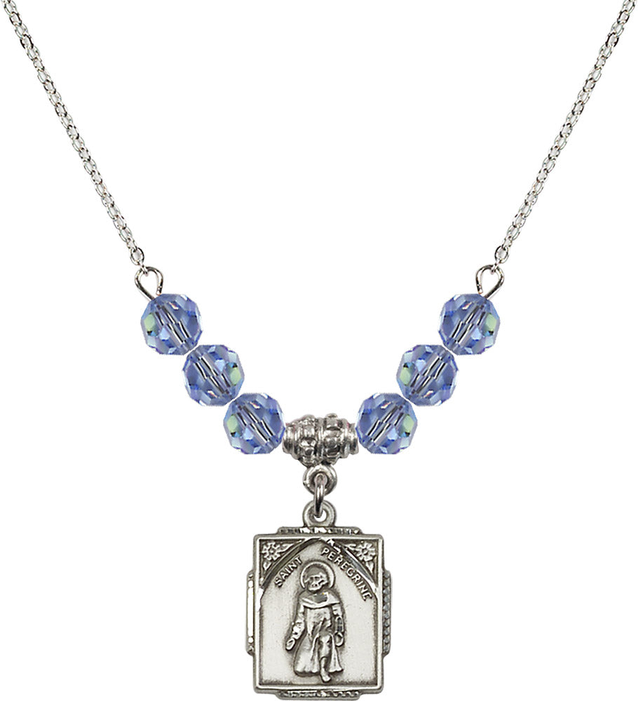 Sterling Silver Saint Peregrine Birthstone Necklace with Light Sapphire Beads - 0804