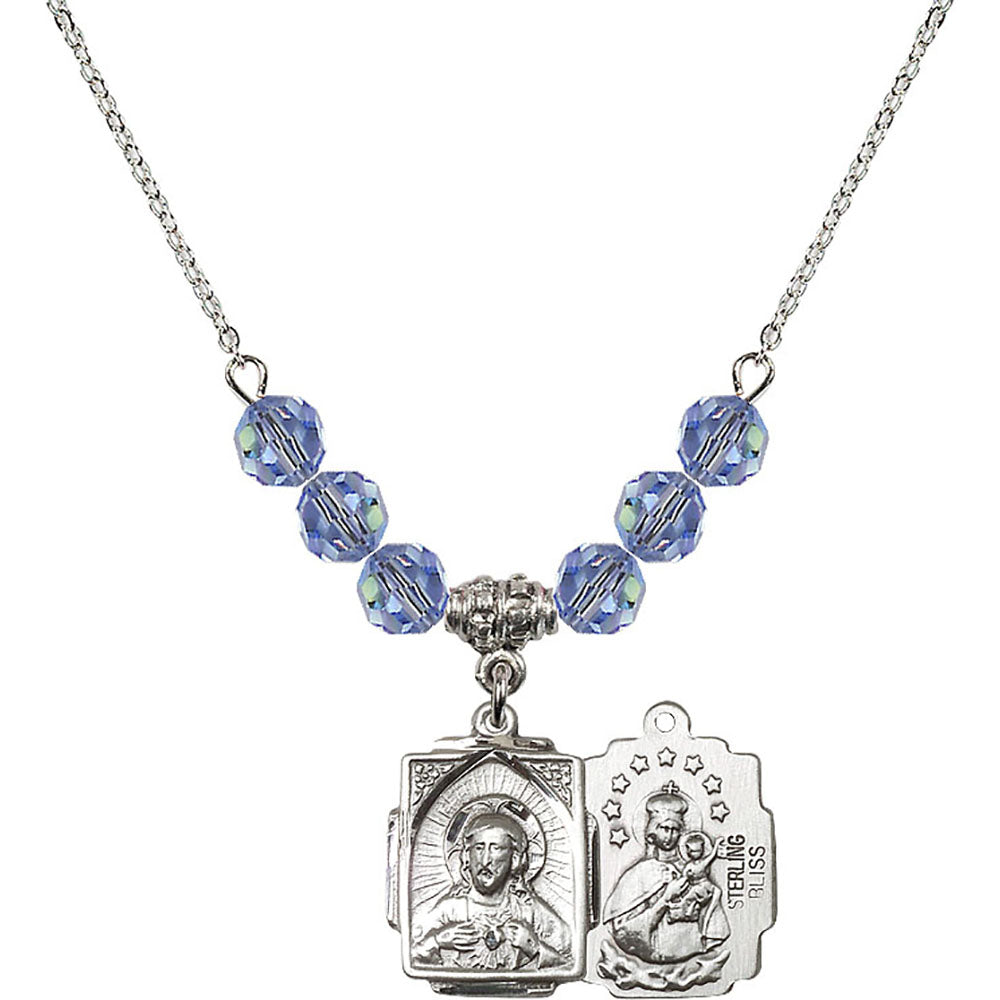 Sterling Silver Scapular Birthstone Necklace with Light Sapphire Beads - 0804