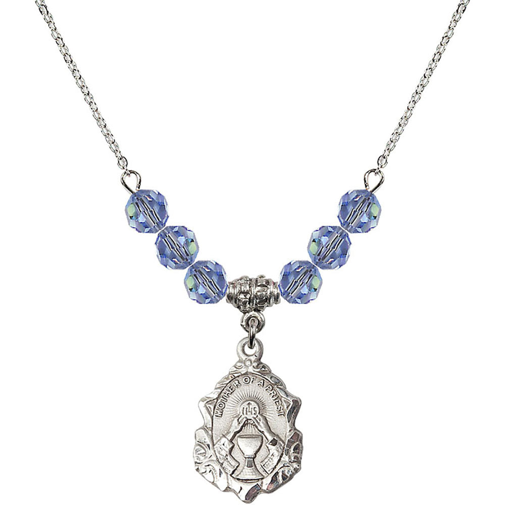 Sterling Silver Mother of a Priest Birthstone Necklace with Light Sapphire Beads - 0811