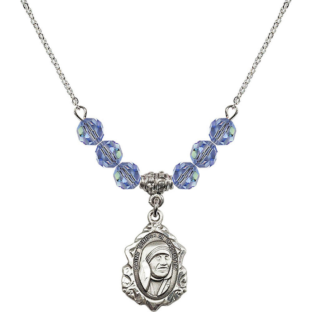 Sterling Silver Saint Teresa of Calcutta Birthstone Necklace with Light Sapphire Beads - 0812