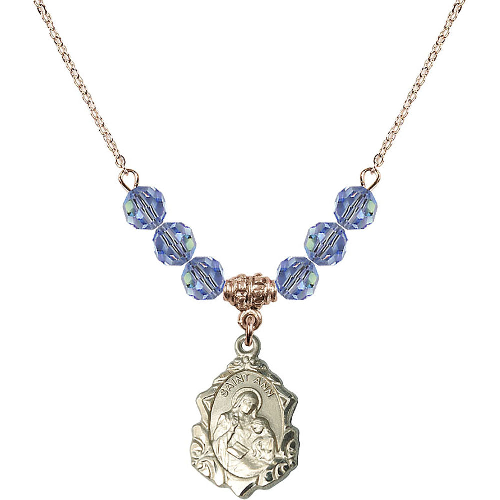 14kt Gold Filled Saint Ann Birthstone Necklace with Light Sapphire Beads - 0822
