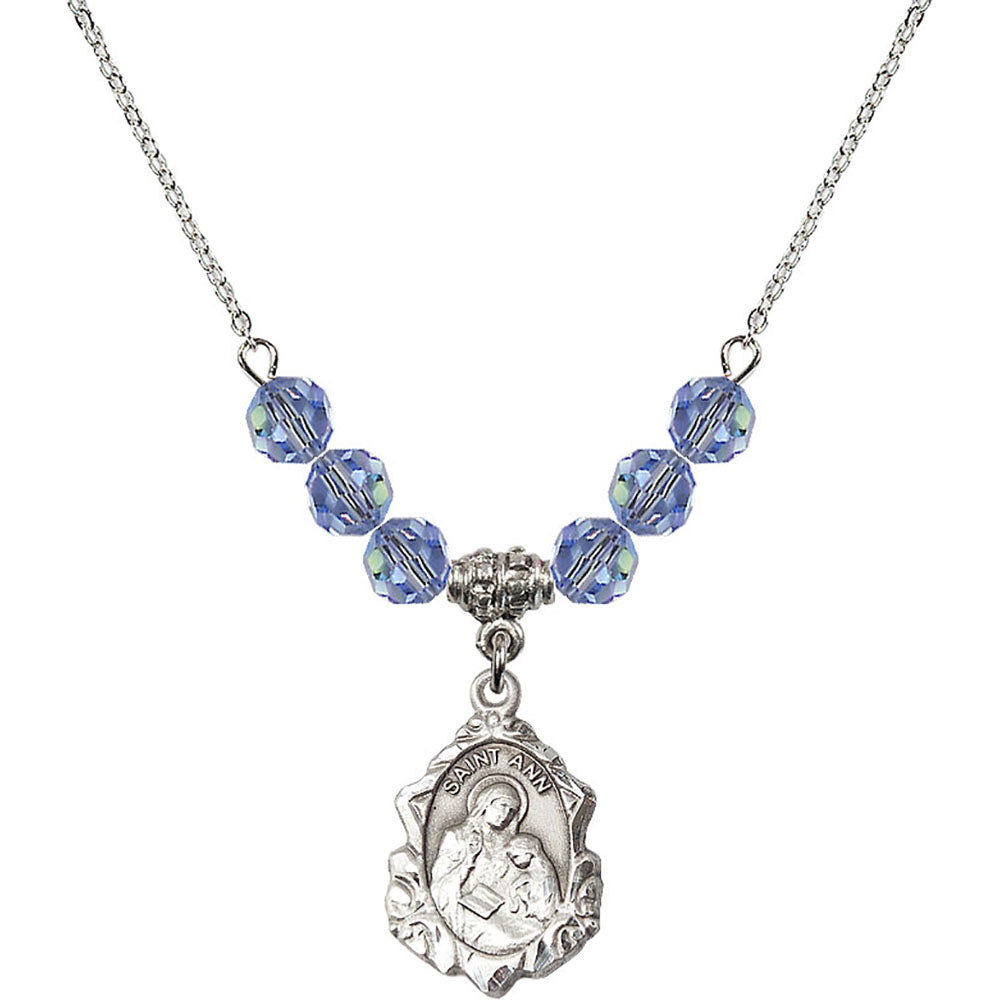 Sterling Silver Saint Ann Birthstone Necklace with Light Sapphire Beads - 0822