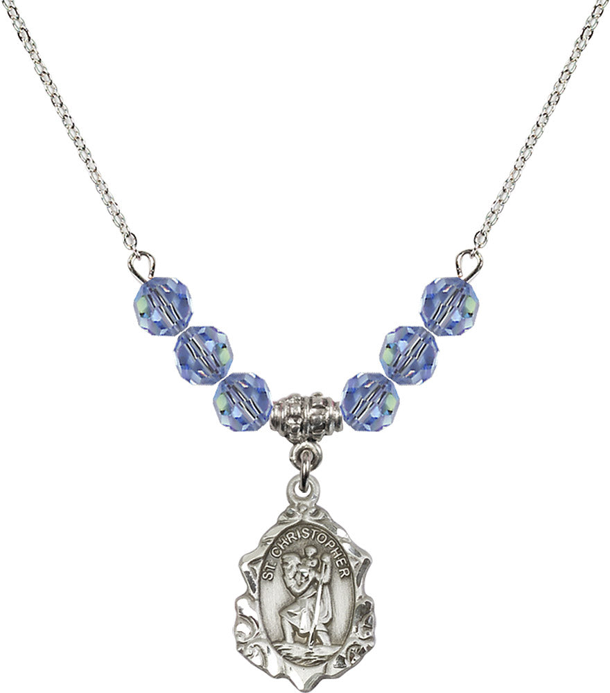 Sterling Silver Saint Christopher Birthstone Necklace with Light Sapphire Beads - 0822