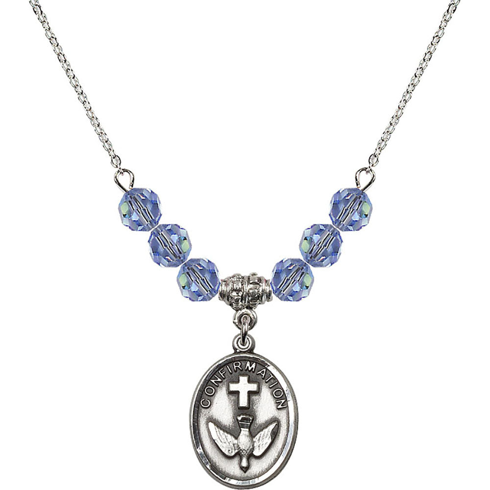 Sterling Silver Confirmation Birthstone Necklace with Light Sapphire Beads - 0873