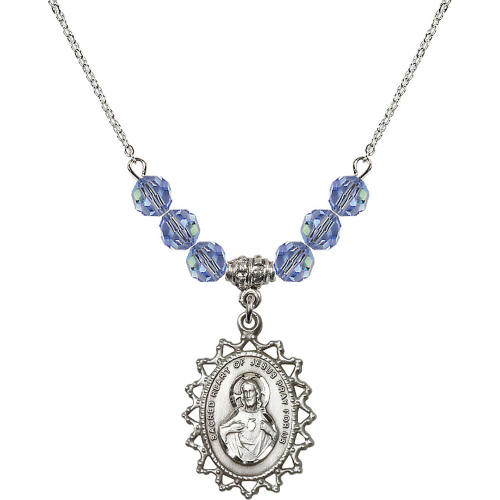 Sterling Silver Scapular Birthstone Necklace with Light Sapphire Beads - 1619